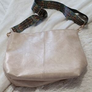 NEW - Elegant Cream Shoulder Bag with Patterned Strap